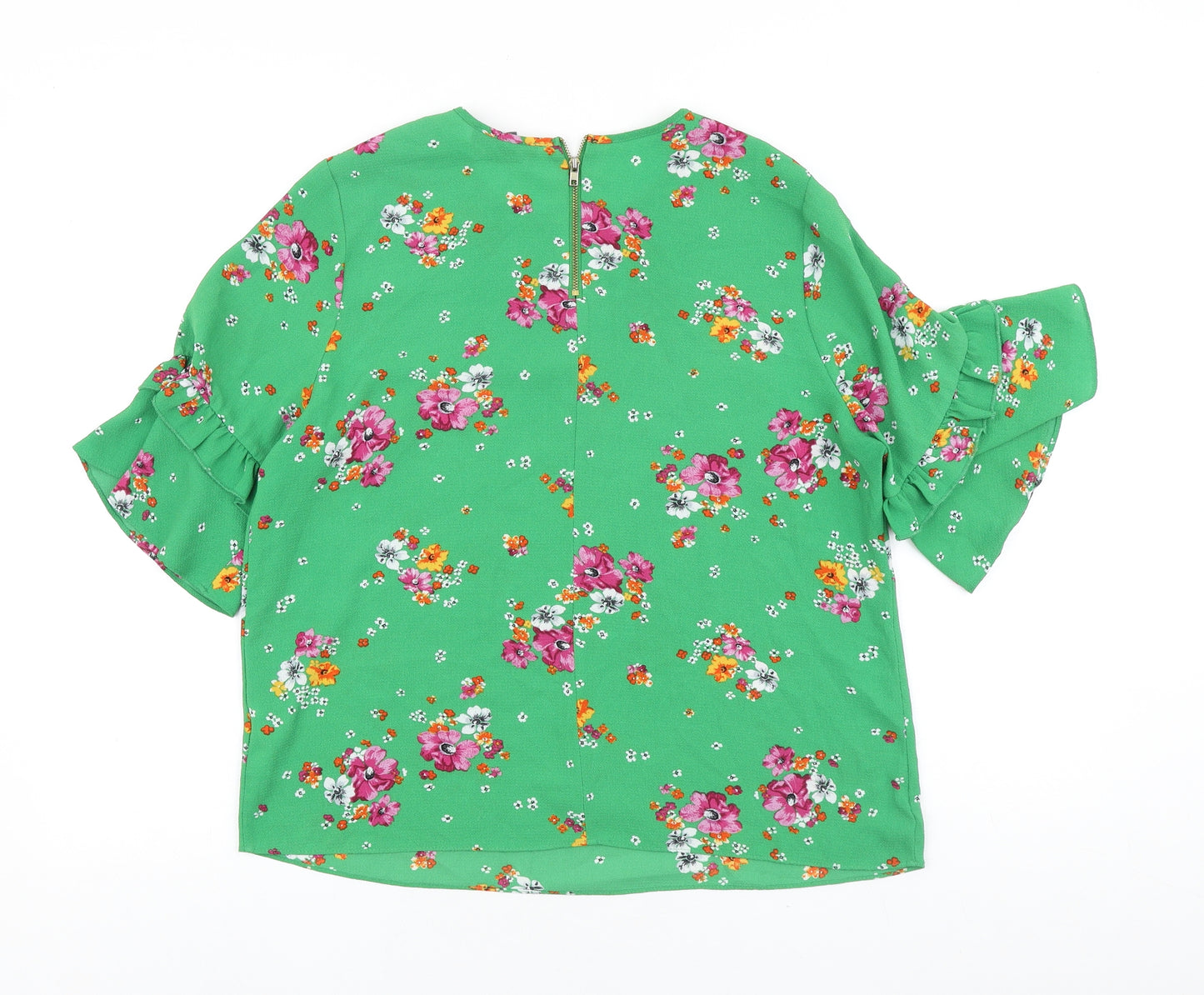 Primark Womens Green Floral Polyester Basic T-Shirt Size 14 Round Neck