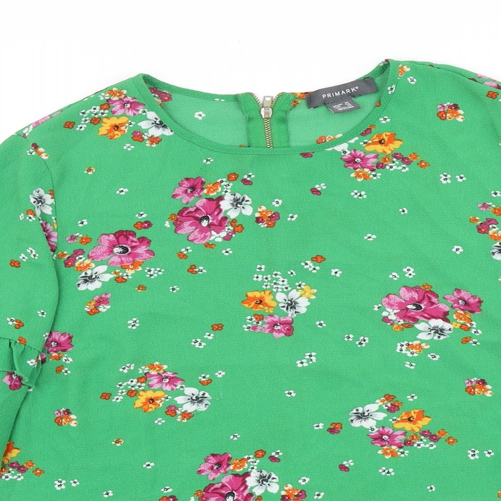 Primark Womens Green Floral Polyester Basic T-Shirt Size 14 Round Neck