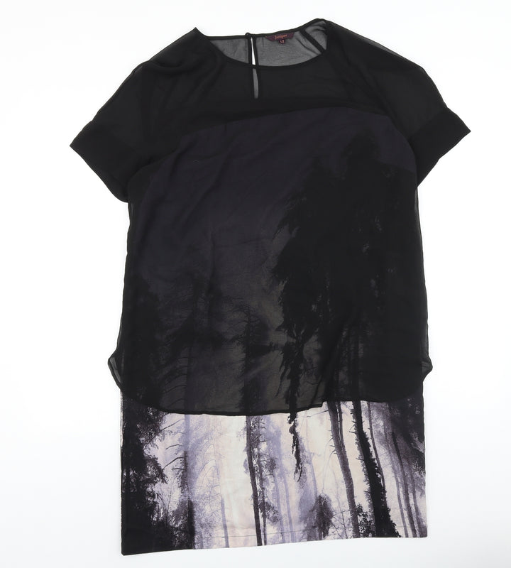 Juniper Womens Black Geometric Polyester Shift Size 12 Scoop Neck Button - Chiffon Overlay Forrest Print