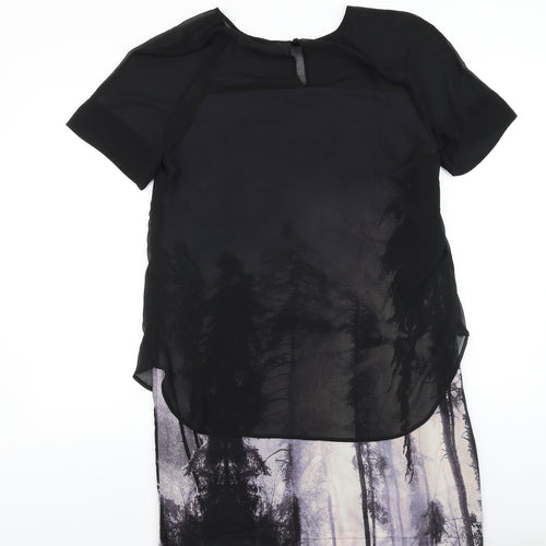 Juniper Womens Black Geometric Polyester Shift Size 12 Scoop Neck Button - Chiffon Overlay Forrest Print