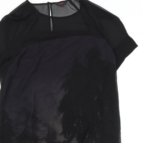 Juniper Womens Black Geometric Polyester Shift Size 12 Scoop Neck Button - Chiffon Overlay Forrest Print