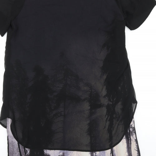 Juniper Womens Black Geometric Polyester Shift Size 12 Scoop Neck Button - Chiffon Overlay Forrest Print