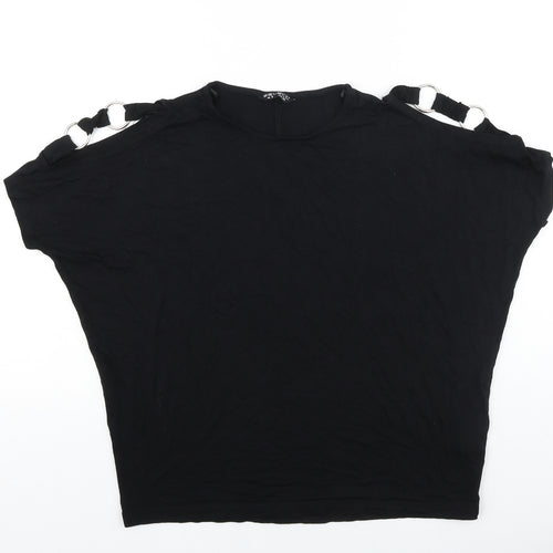 Select Womens Black Viscose Basic T-Shirt Size 6 Round Neck - Chain Detail, Cold Shoulders