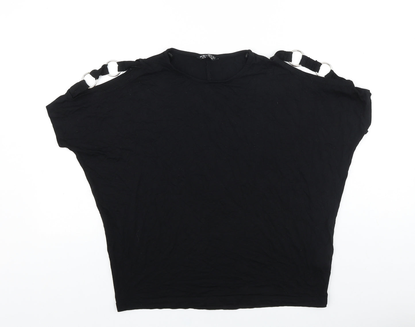 Select Womens Black Viscose Basic T-Shirt Size 6 Round Neck - Chain Detail, Cold Shoulders