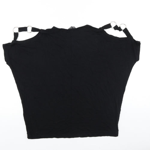 Select Womens Black Viscose Basic T-Shirt Size 6 Round Neck - Chain Detail, Cold Shoulders