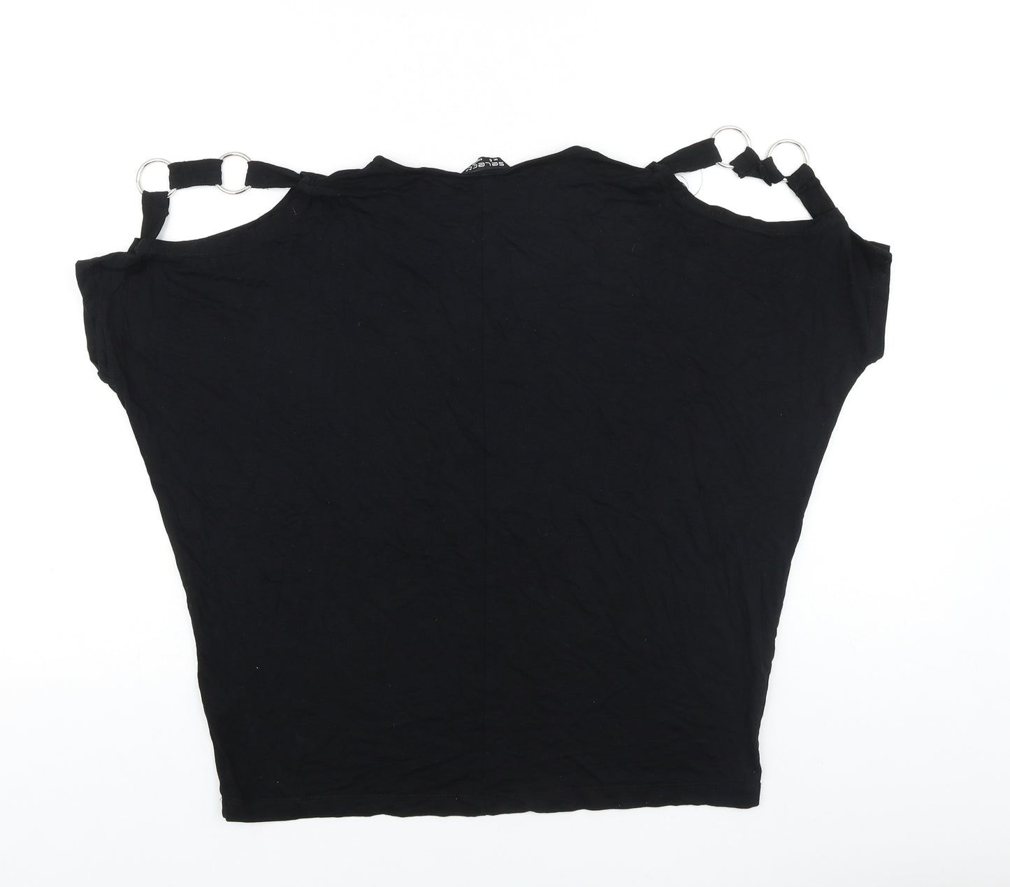 Select Womens Black Viscose Basic T-Shirt Size 6 Round Neck - Chain Detail, Cold Shoulders