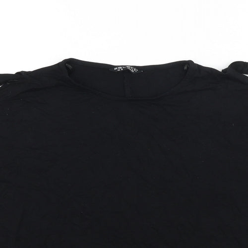 Select Womens Black Viscose Basic T-Shirt Size 6 Round Neck - Chain Detail, Cold Shoulders