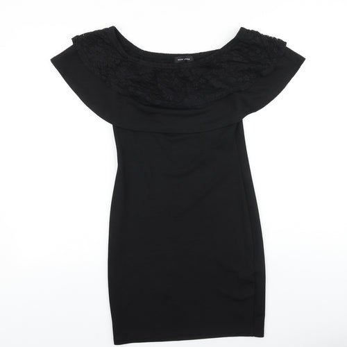 New Look Womens Black Viscose Bodycon Size 10 Off the Shoulder Pullover - Lace Detail Bardot