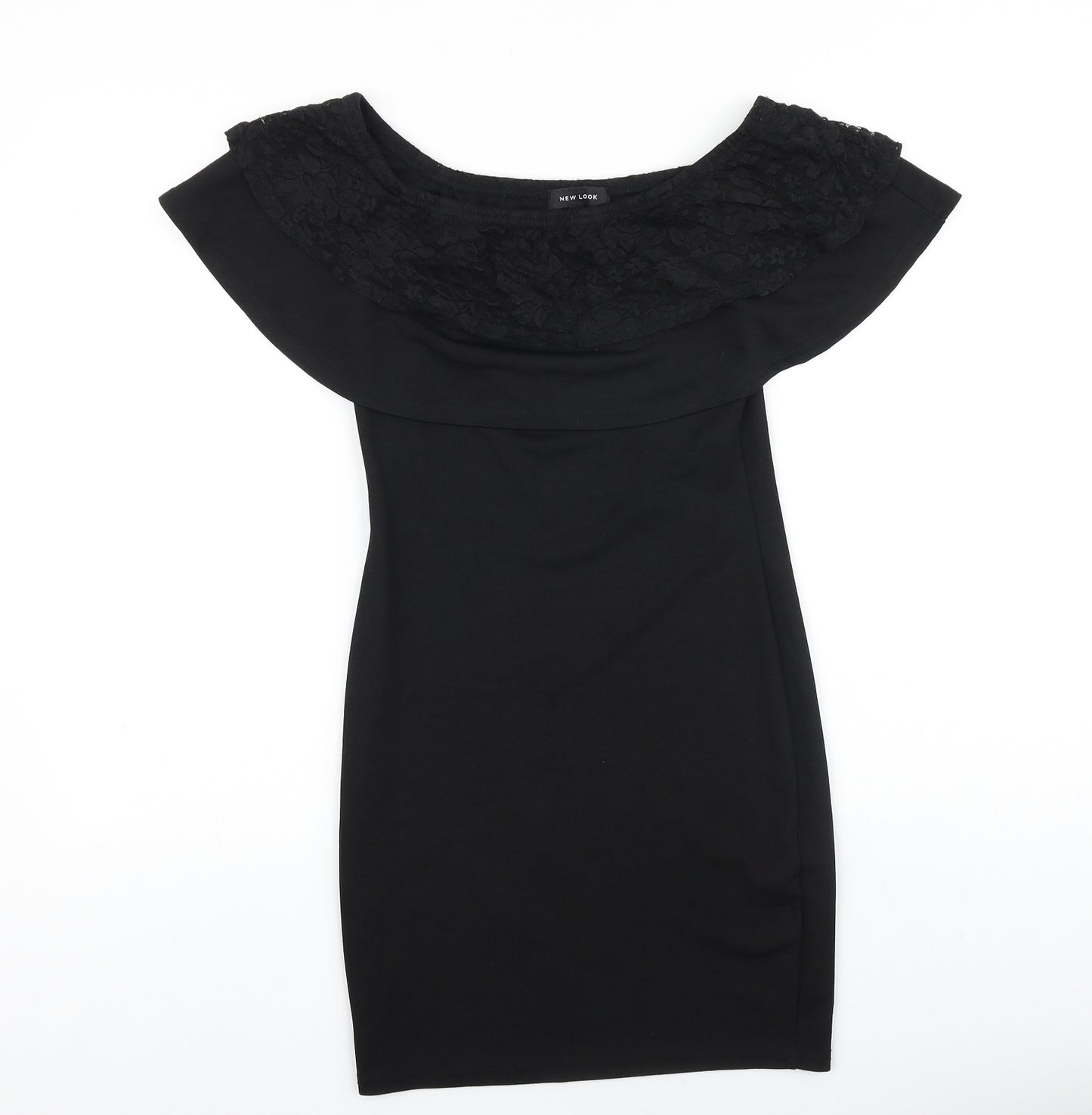 New Look Womens Black Viscose Bodycon Size 10 Off the Shoulder Pullover - Lace Detail Bardot