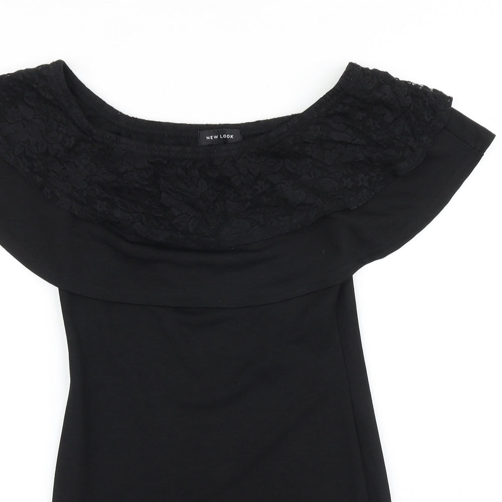 New Look Womens Black Viscose Bodycon Size 10 Off the Shoulder Pullover - Lace Detail Bardot