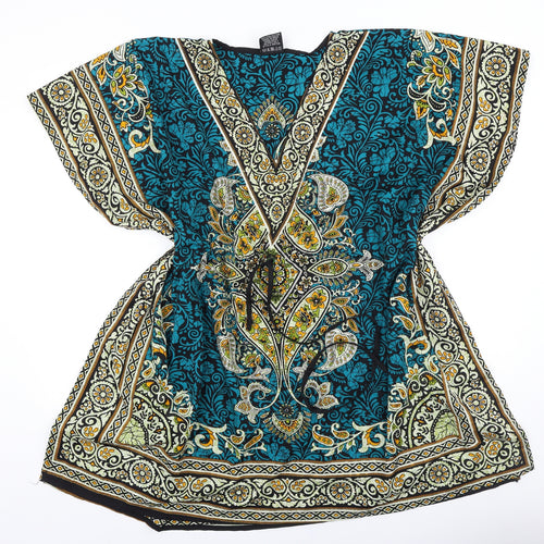 J.D Womens Multicoloured Geometric Polyester Tunic Blouse One Size V-Neck - Drawstring Waist Kaftan