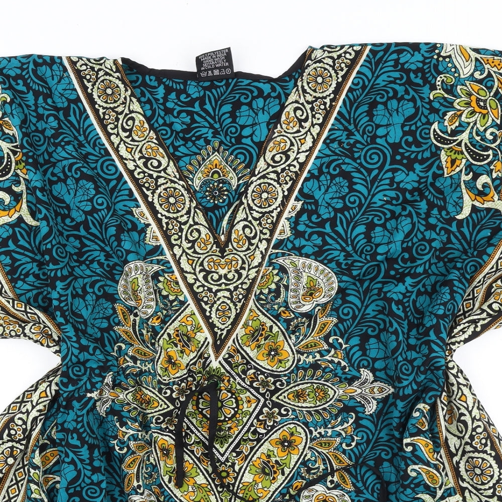 J.D Womens Multicoloured Geometric Polyester Tunic Blouse One Size V-Neck - Drawstring Waist Kaftan