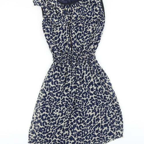 Glamorous Womens Blue Animal Print Polyester Fit & Flare Size 8 Scoop Neck Pullover - Leopard Print