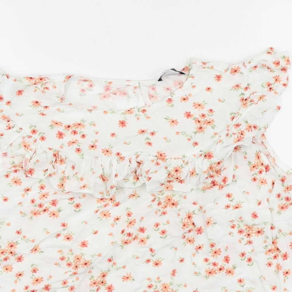 Papaya Womens White Floral 100% Cotton Basic Blouse Size 14 Boat Neck