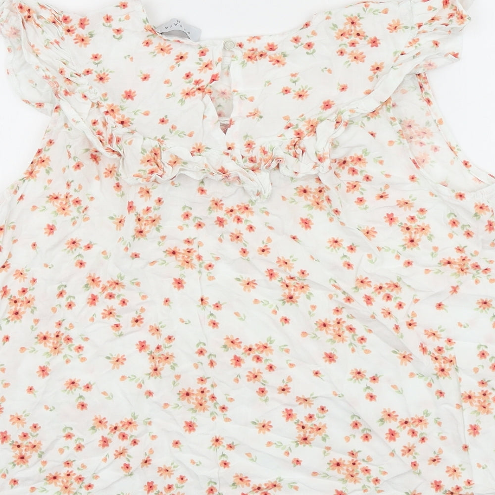 Papaya Womens White Floral 100% Cotton Basic Blouse Size 14 Boat Neck