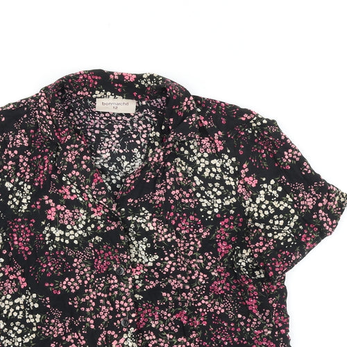 Bonmarché Womens Black Floral Viscose Basic Button-Up Size 12 Collared