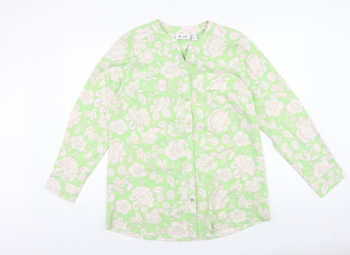D&Co. Womens Green Floral Polyester Basic Blouse Size L V-Neck