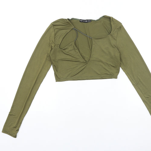 PRETTYLITTLETHING Womens Green Polyester Cropped T-Shirt Size 10 Scoop Neck