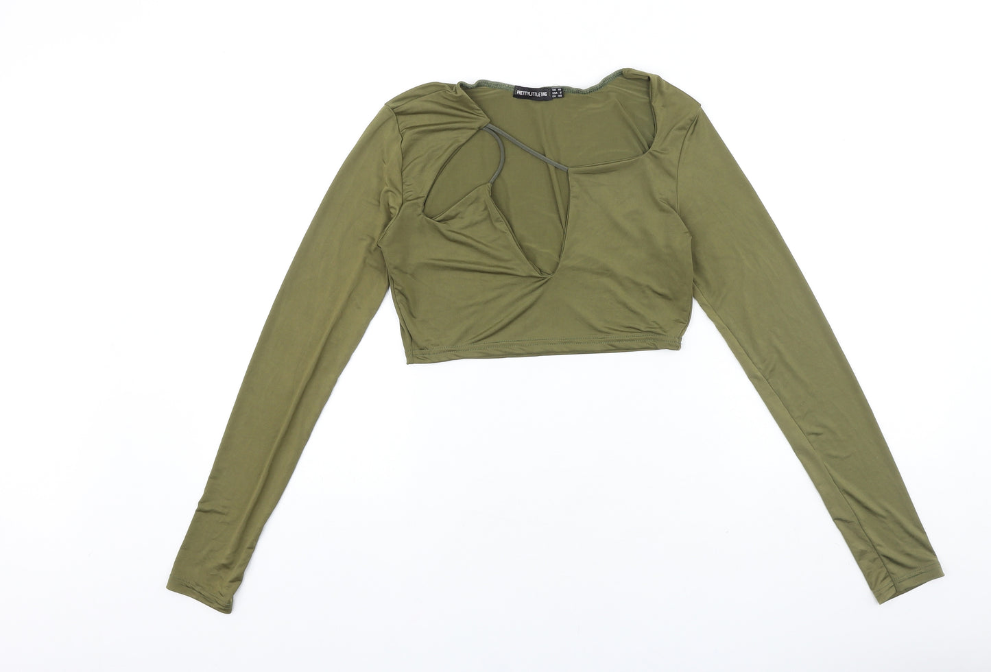 PRETTYLITTLETHING Womens Green Polyester Cropped T-Shirt Size 10 Scoop Neck
