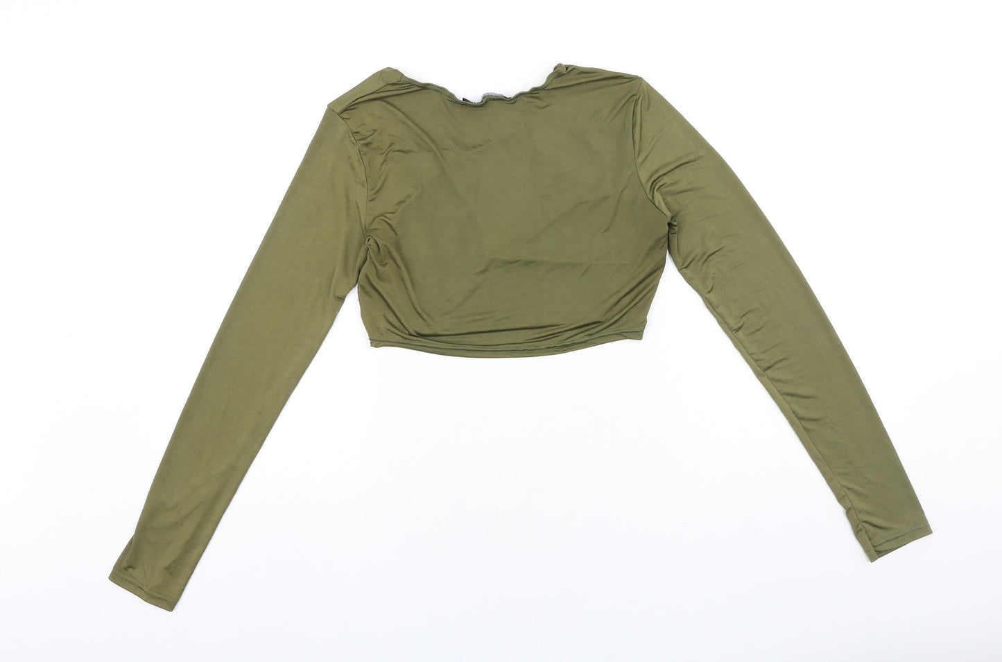 PRETTYLITTLETHING Womens Green Polyester Cropped T-Shirt Size 10 Scoop Neck