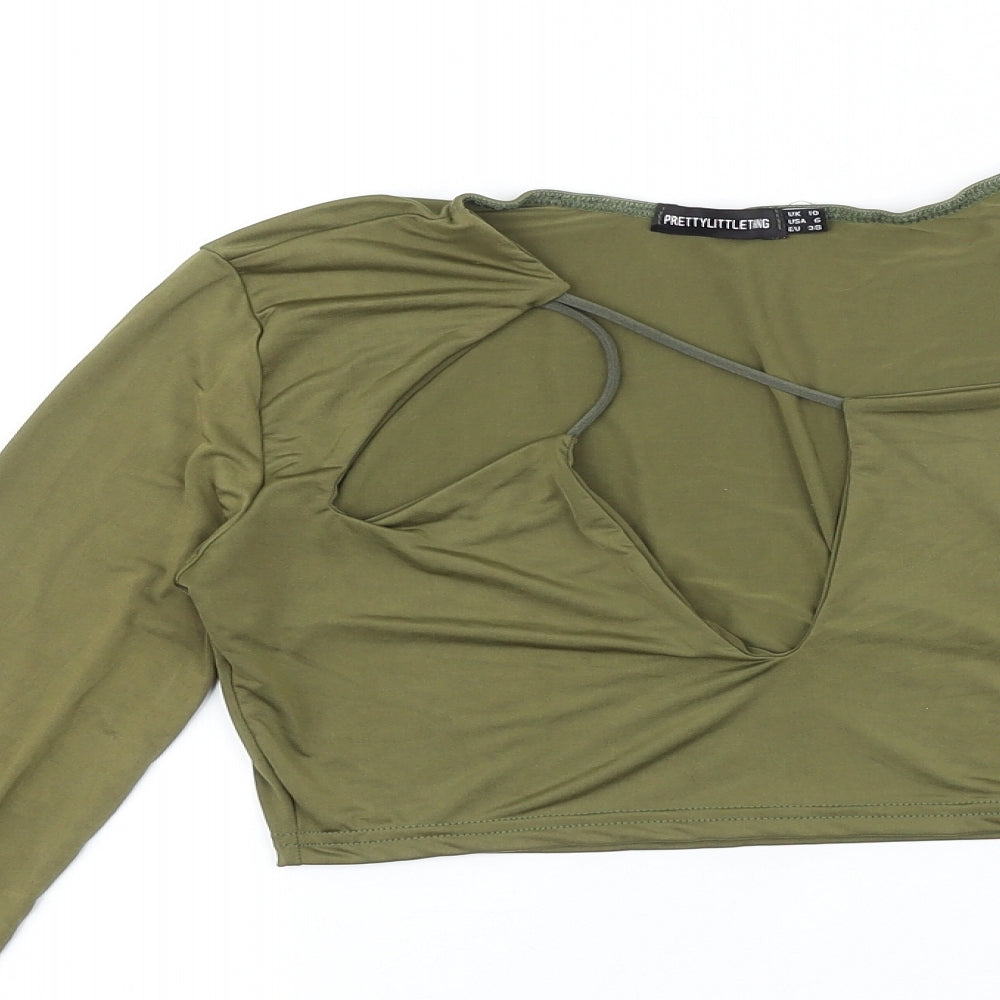 PRETTYLITTLETHING Womens Green Polyester Cropped T-Shirt Size 10 Scoop Neck