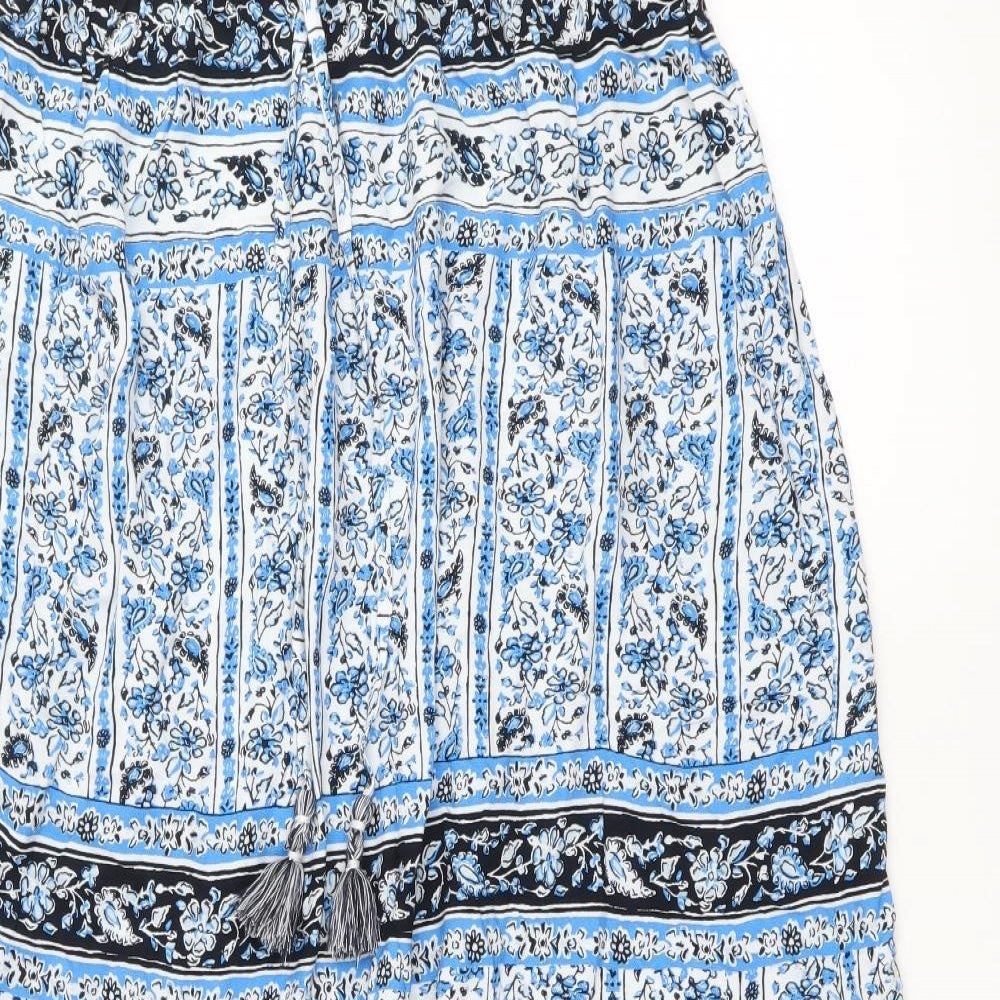 Marks and Spencer Womens Blue Geometric Viscose Peasant Skirt Size 14 Drawstring
