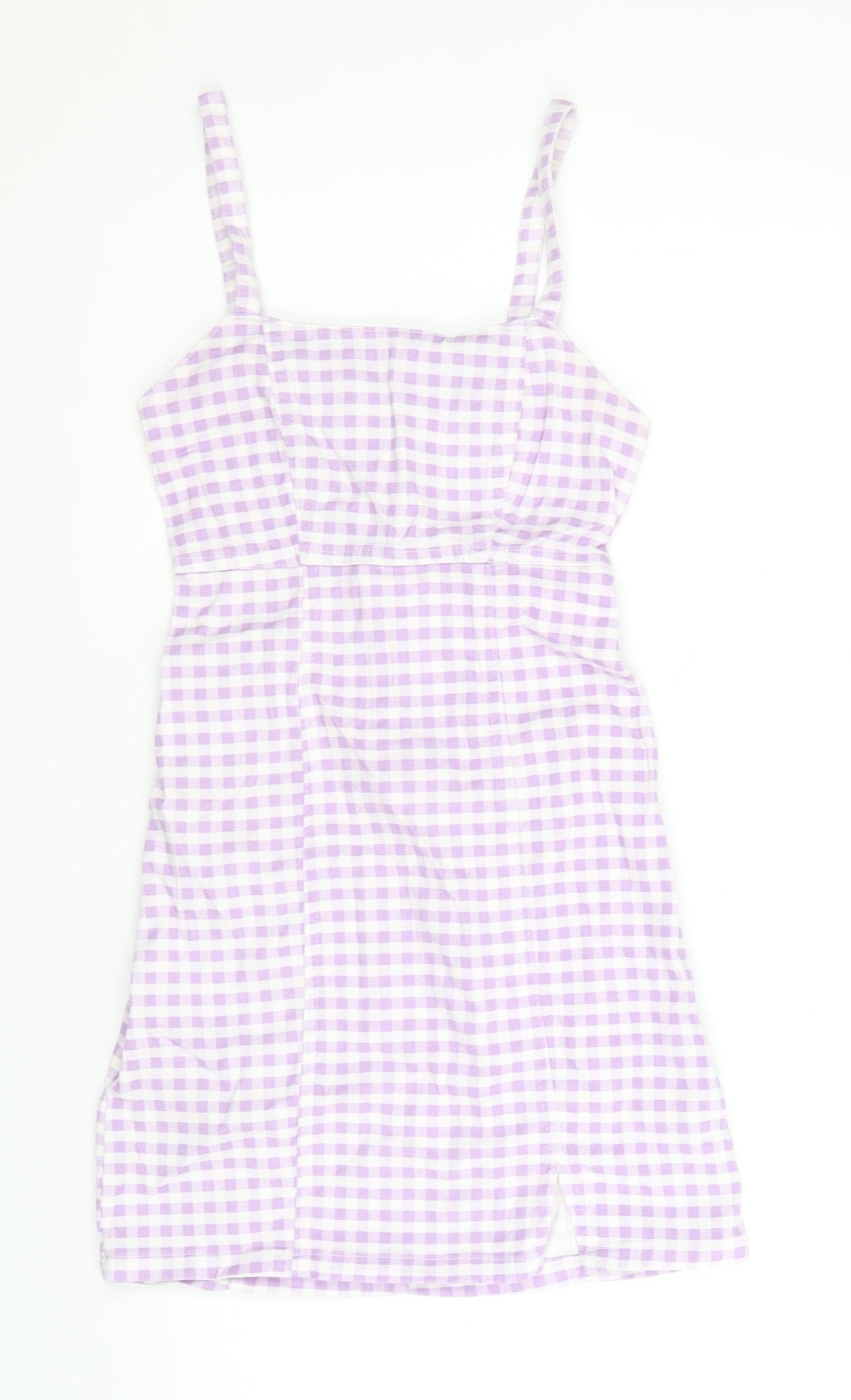 Denim & Co. Womens Purple Gingham Cotton Tank Dress Size 4 Square Neck Zip