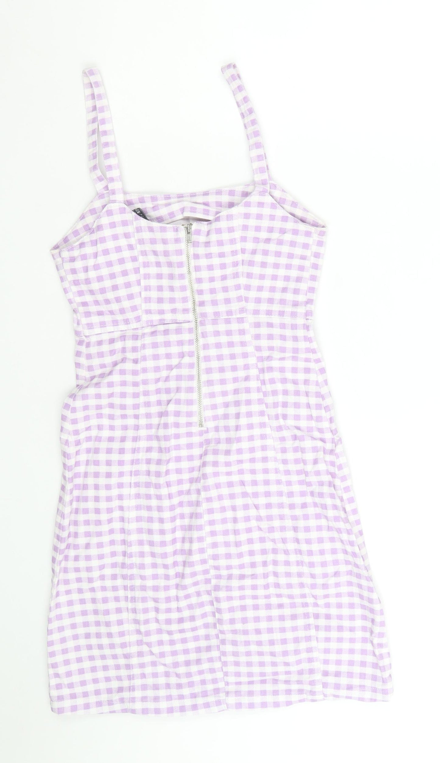 Denim & Co. Womens Purple Gingham Cotton Tank Dress Size 4 Square Neck Zip