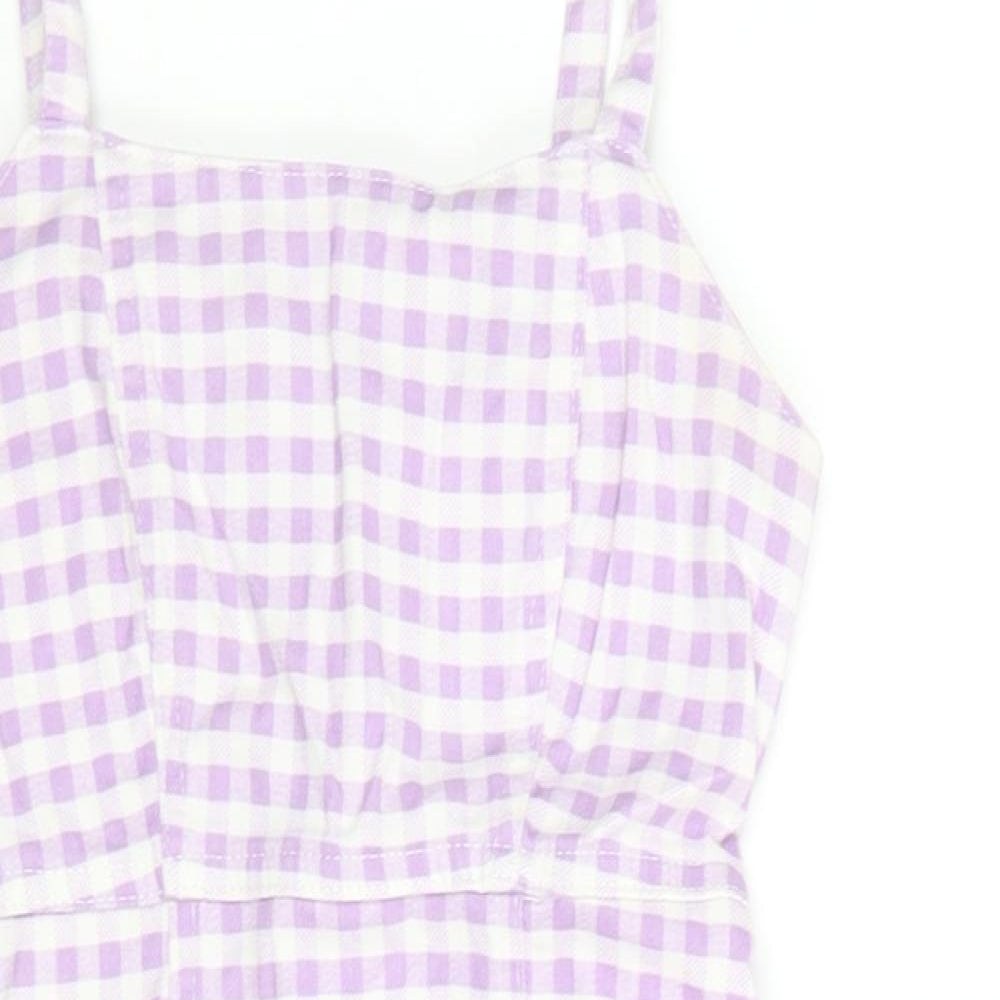 Denim & Co. Womens Purple Gingham Cotton Tank Dress Size 4 Square Neck Zip