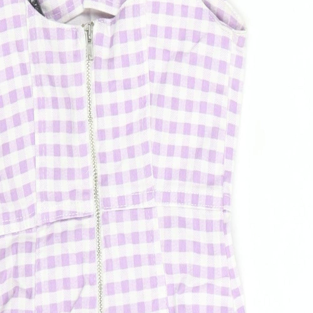 Denim & Co. Womens Purple Gingham Cotton Tank Dress Size 4 Square Neck Zip