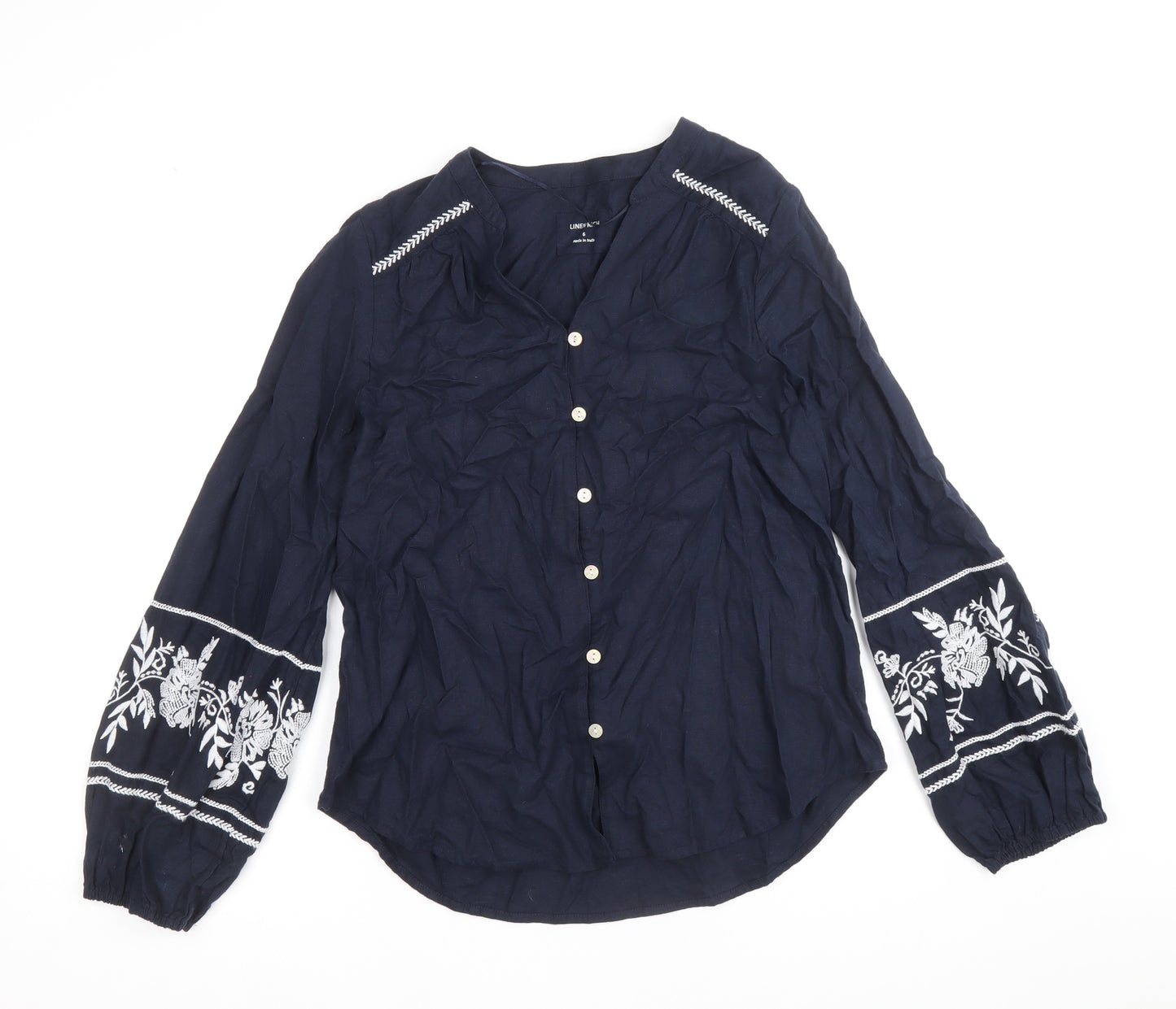 Marks and Spencer Womens Blue Floral Linen Basic Blouse Size 6 V-Neck