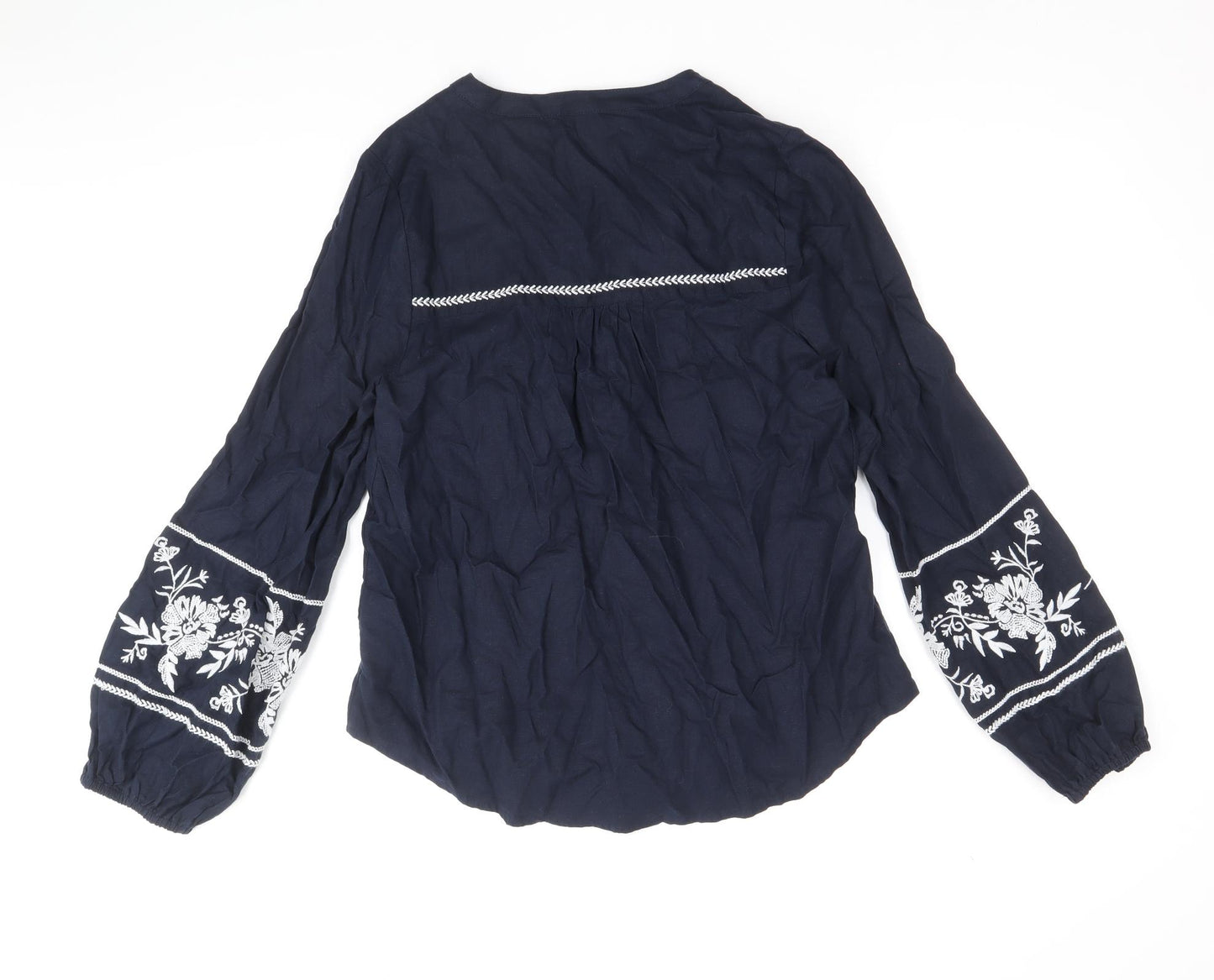 Marks and Spencer Womens Blue Floral Linen Basic Blouse Size 6 V-Neck