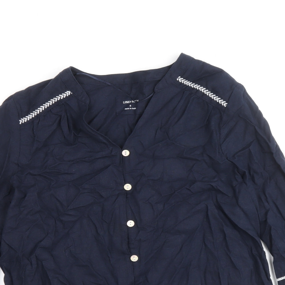 Marks and Spencer Womens Blue Floral Linen Basic Blouse Size 6 V-Neck