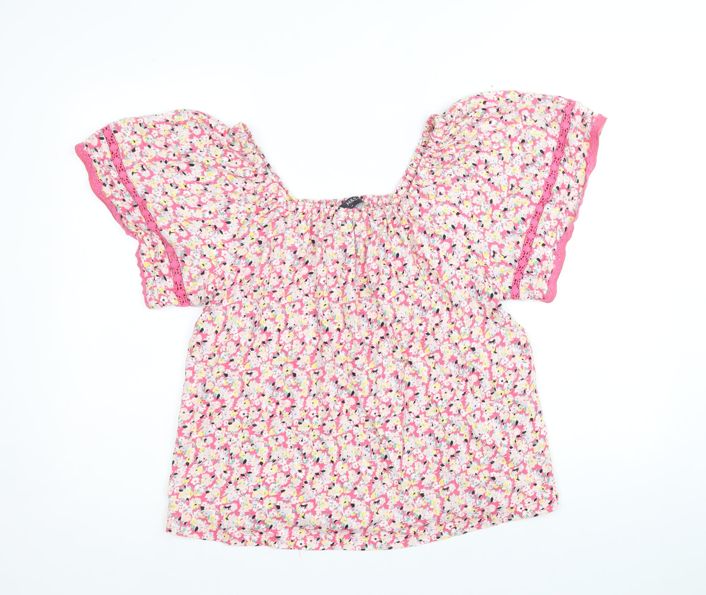 Marks and Spencer Womens Multicoloured Floral 100% Cotton Basic Blouse Size 14 Square Neck