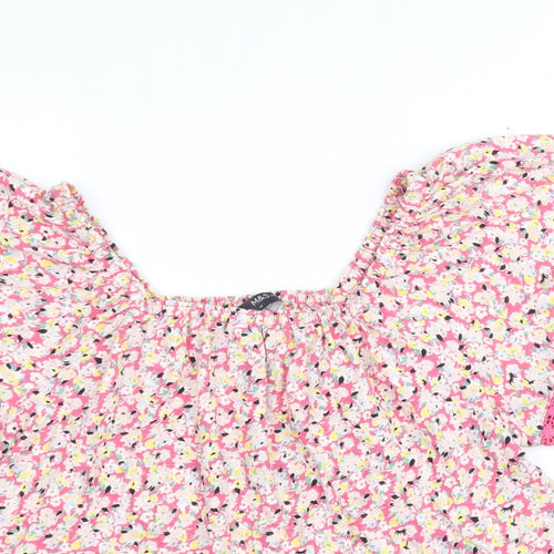 Marks and Spencer Womens Multicoloured Floral 100% Cotton Basic Blouse Size 14 Square Neck