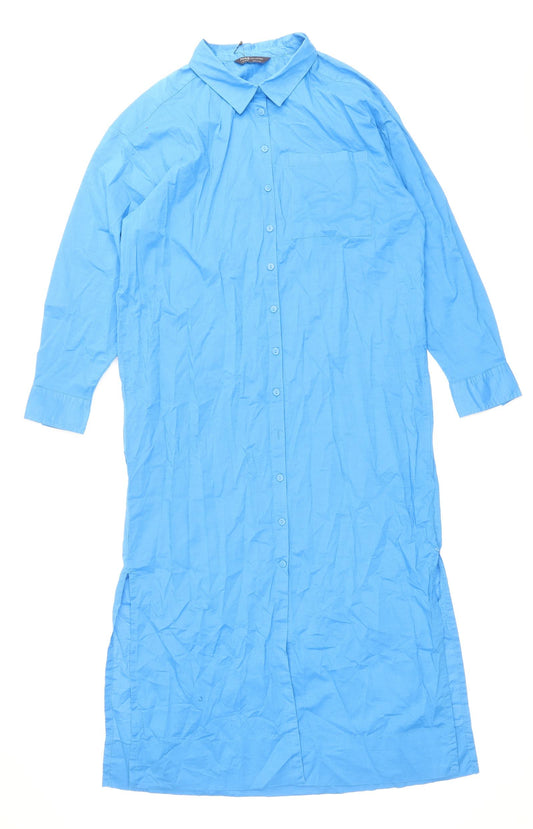Marks and Spencer Womens Blue Cotton Shirt Dress Size 14 Collared Button