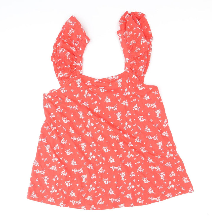 Marks and Spencer Womens Red Floral 100% Cotton Basic Tank Size 8 Round Neck