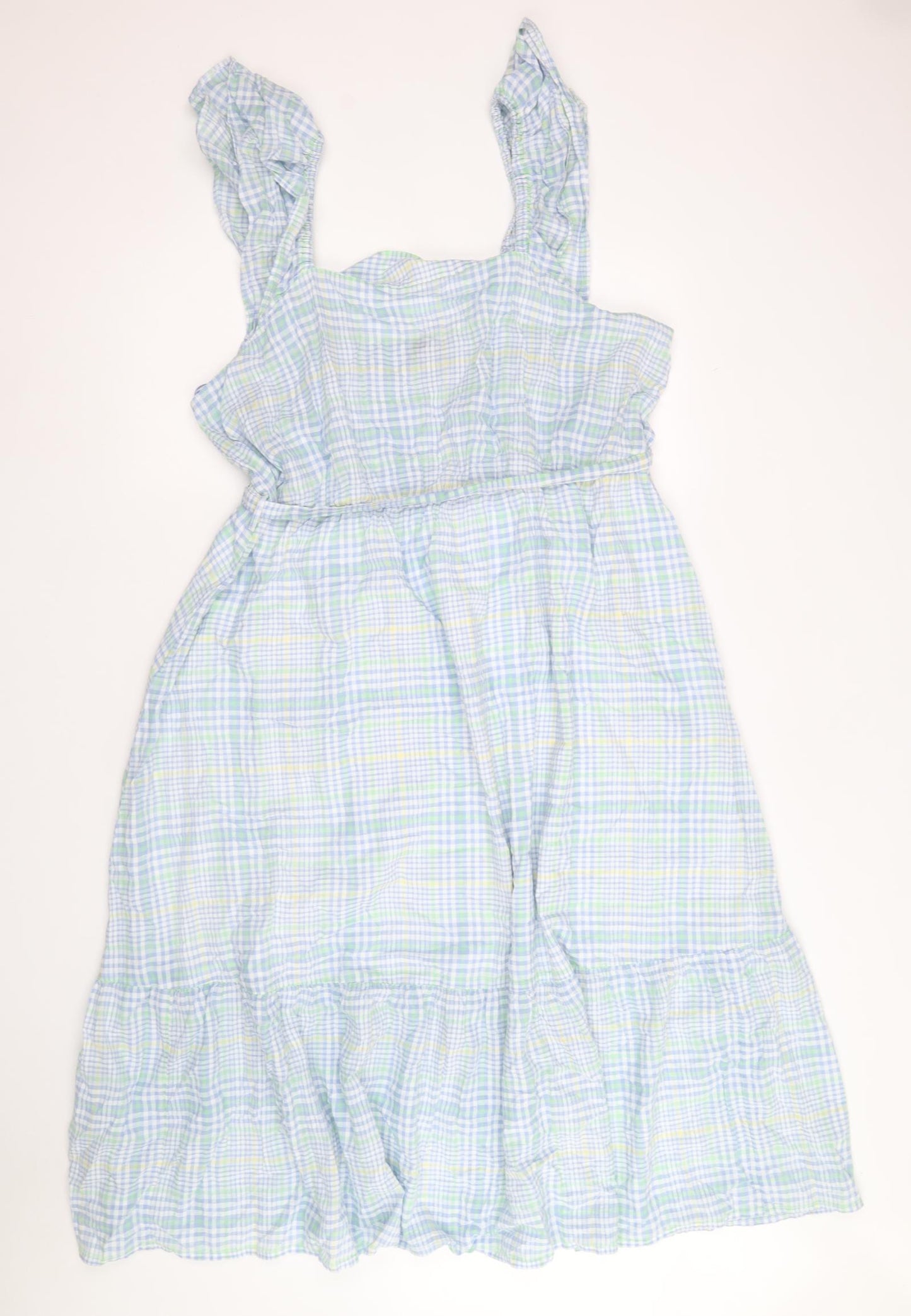Marks and Spencer Womens Blue Plaid 100% Cotton Fit & Flare Size 20 Square Neck Pullover
