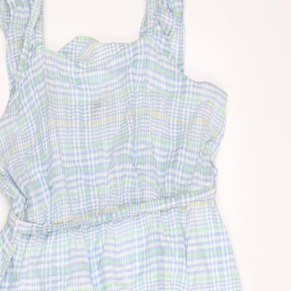 Marks and Spencer Womens Blue Plaid 100% Cotton Fit & Flare Size 20 Square Neck Pullover