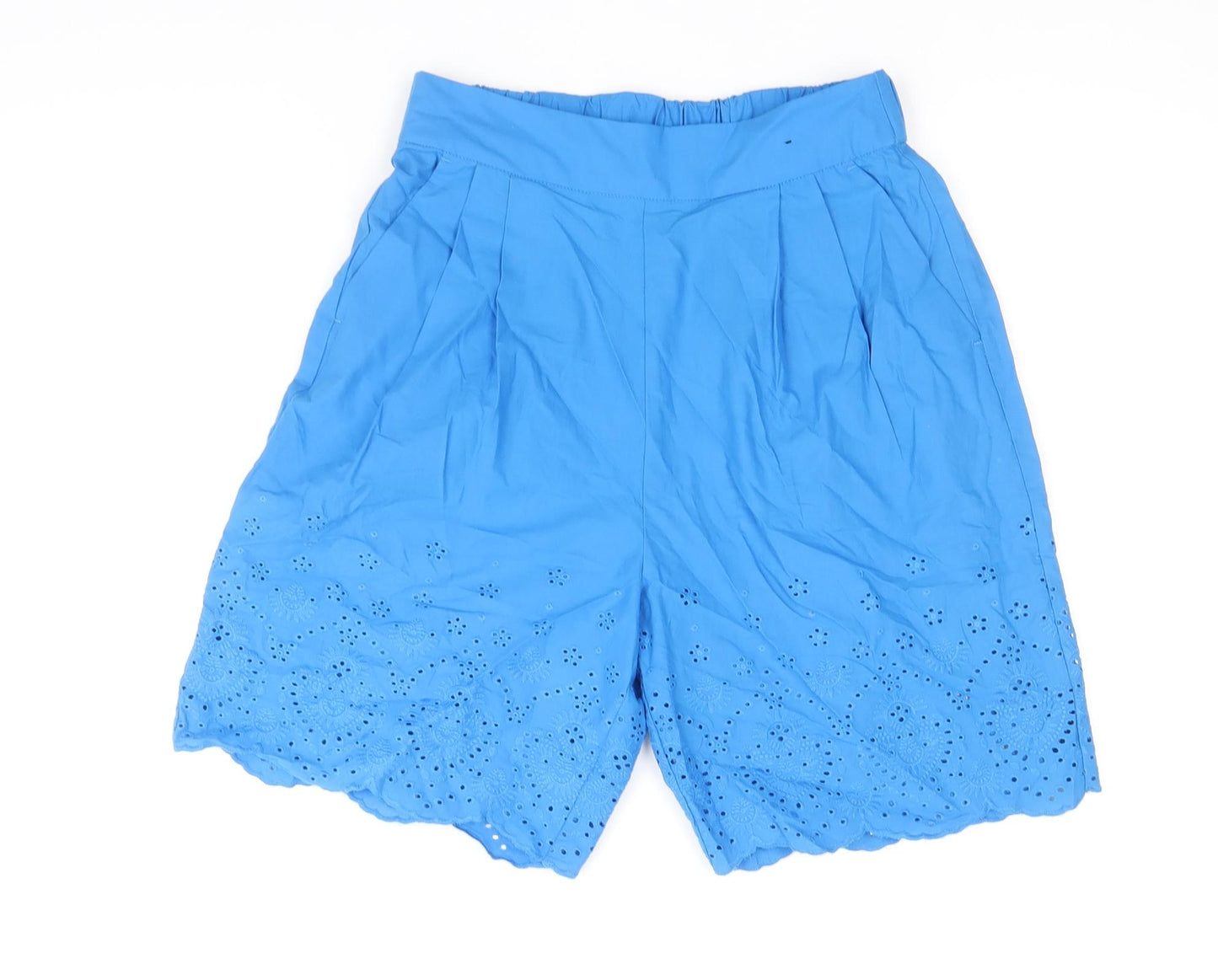 Marks and Spencer Womens Blue 100% Cotton Culotte Shorts Size 8 Regular Pull On - Broderie Anglaise