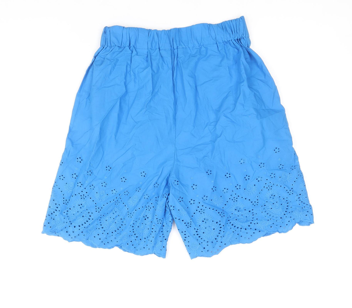 Marks and Spencer Womens Blue 100% Cotton Culotte Shorts Size 8 Regular Pull On - Broderie Anglaise