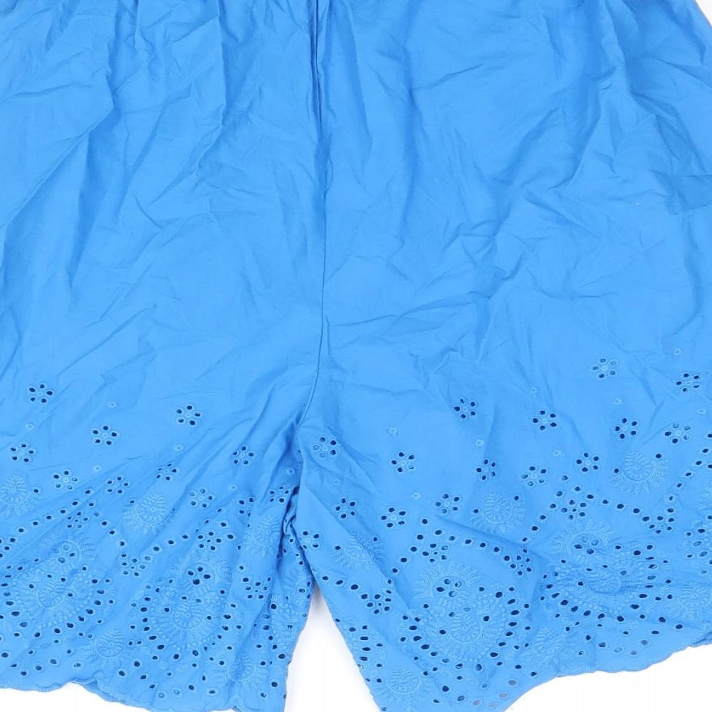 Marks and Spencer Womens Blue 100% Cotton Culotte Shorts Size 8 Regular Pull On - Broderie Anglaise