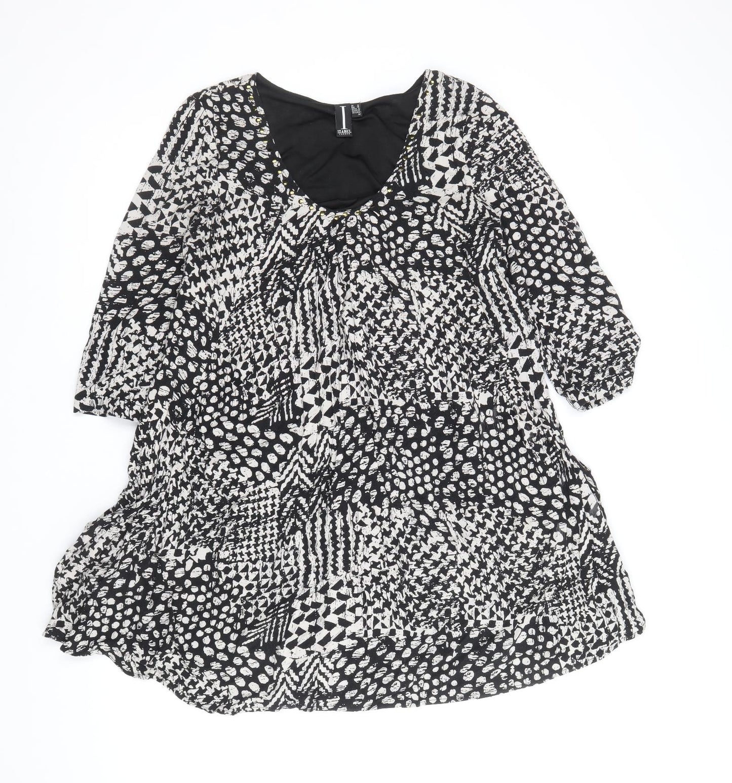 Izabel London Womens Black Geometric Viscose Shift Size 10 Scoop Neck Pullover