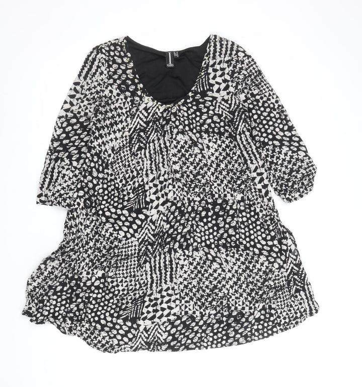 Izabel London Womens Black Geometric Viscose Shift Size 10 Scoop Neck Pullover