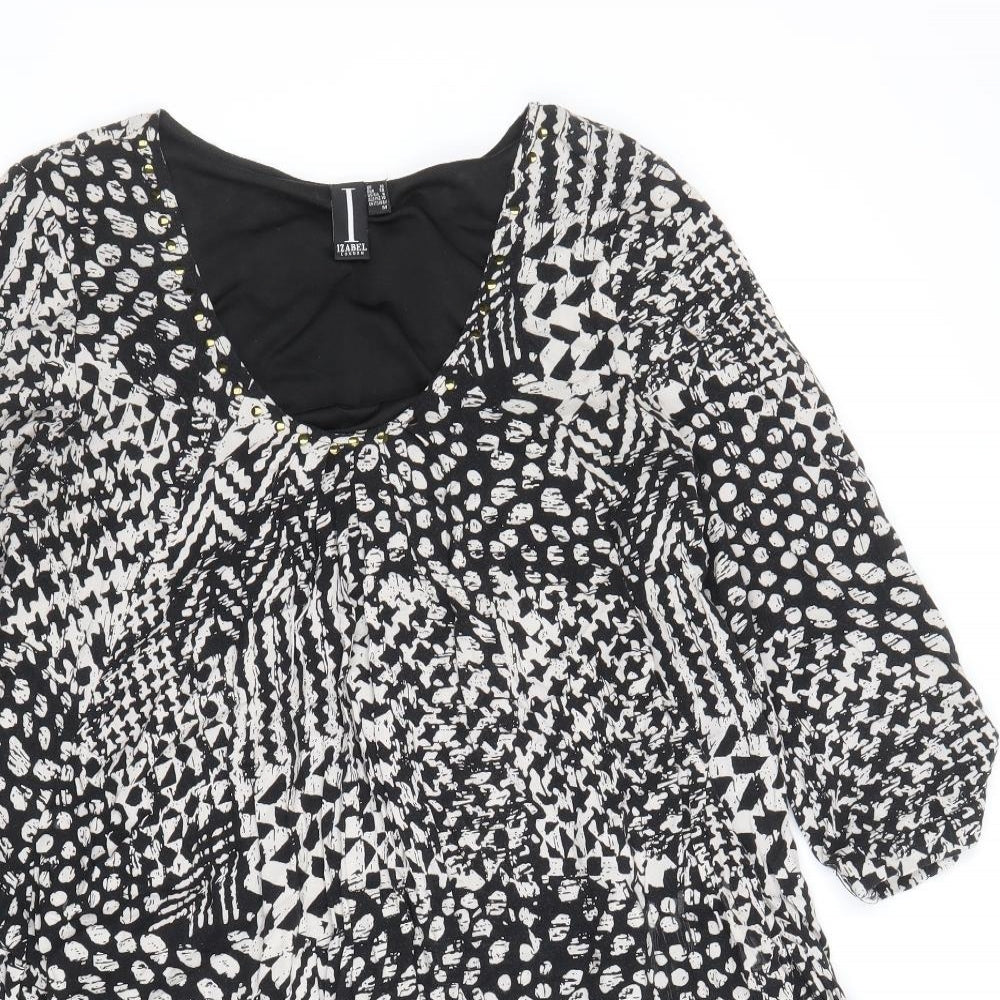 Izabel London Womens Black Geometric Viscose Shift Size 10 Scoop Neck Pullover
