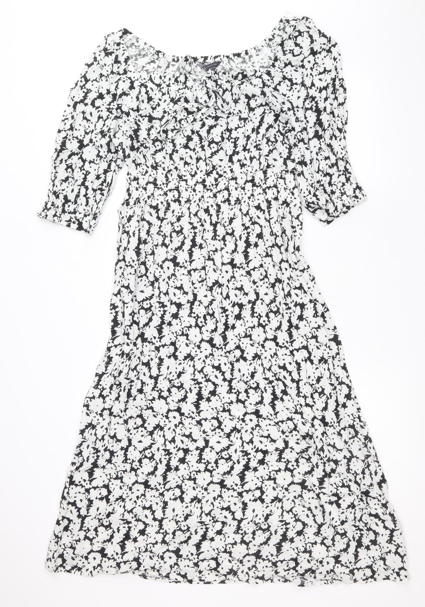 Marks and Spencer Womens Black Floral Viscose A-Line Size 10 Boat Neck Pullover