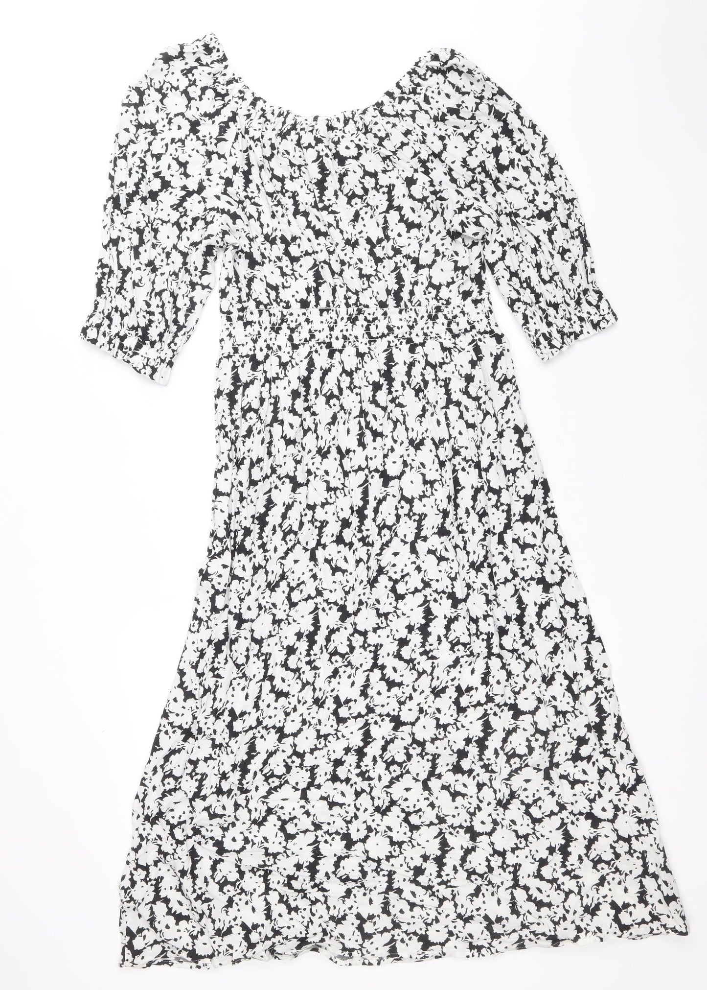 Marks and Spencer Womens Black Floral Viscose A-Line Size 10 Boat Neck Pullover