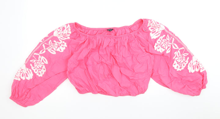 Marks and Spencer Womens Pink Geometric 100% Cotton Cropped Blouse Size 20 Off the Shoulder
