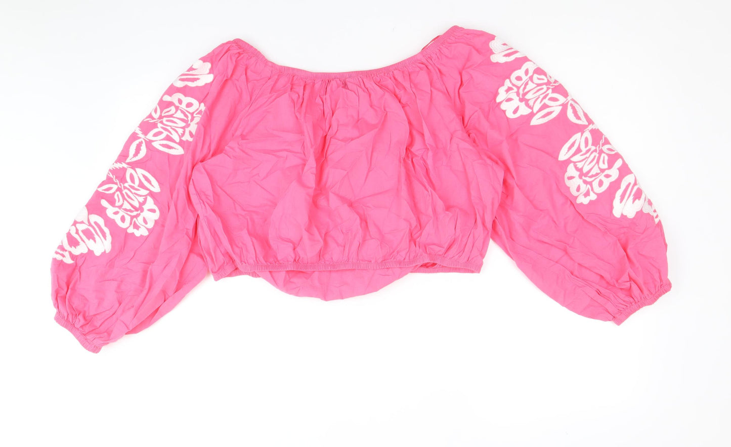 Marks and Spencer Womens Pink Geometric 100% Cotton Cropped Blouse Size 20 Off the Shoulder