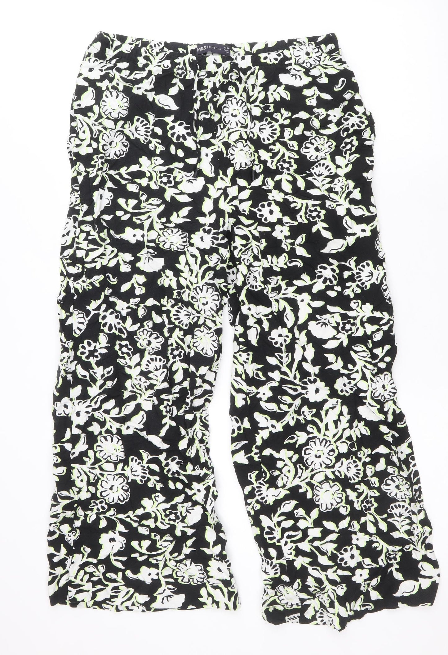 Marks and Spencer Womens Black Floral Viscose Trousers Size 12 Regular Drawstring